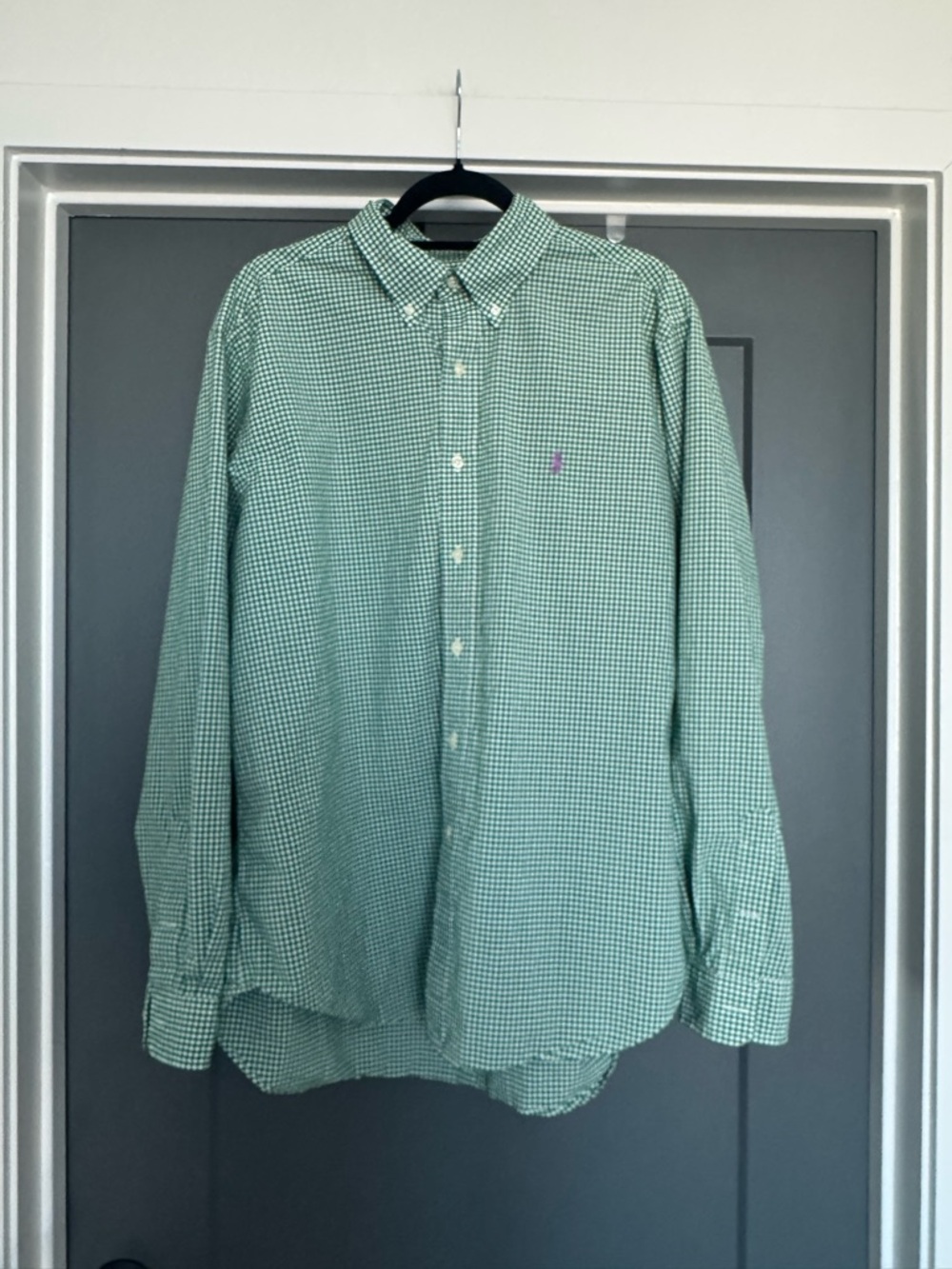 Ralph Lauren Green Gingham Button-Down Shirt with Pink Pony
